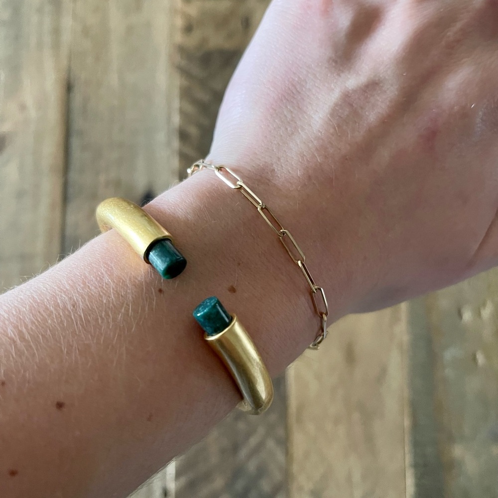 Madewell gold hinge bracelet with green stones